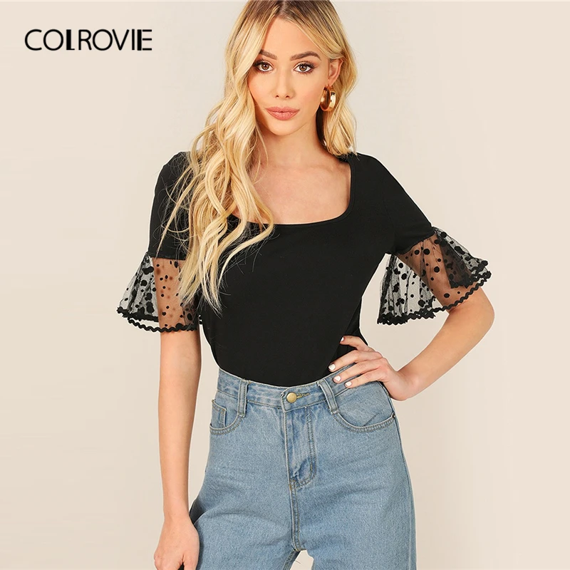 COLROVIE الأسود الصلبة ساحة الرقبة شكل صالح تي شيرت غير رسمي المرأة الملابس 2019 الربيع قصيرة نقطة شبكة انتفض كم أنيقة المحملات COLROVIE الأسود الصلبة ساحة الرقبة شكل صالح تي شيرت غير رسمي المرأة الملابس 2019 الربيع قصيرة نقطة شبكة انتفض كم أنيقة المحملات