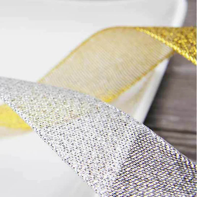 Gold/Silver Silk Organza Ribbon 25mm Glitter Embroidered Brocade Ribbons for Wedding Cake Gift Decoration Craft Supplies