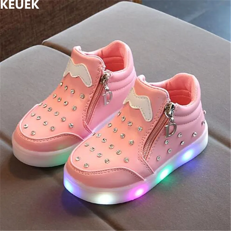 

New Girls Shoes Baby Fashion Rhinestone Zip Lighted Children Casual Shoes Student Sneakers Glowing Toddler Kids Light Shoes 04
