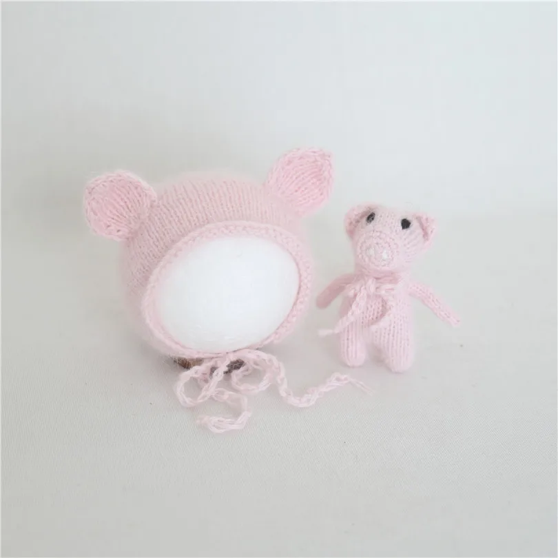 

Angora set 4 COLORS Pink Pig lovie toy and Pig bonnet handmade knitted Newborn Photography Props