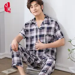 Пижамный комплект для Для мужчин хлопка пижамы плюс Размеры M-XXXL плед пижамы Повседневное Короткие топы + длинные брюки Двойка Пижамный