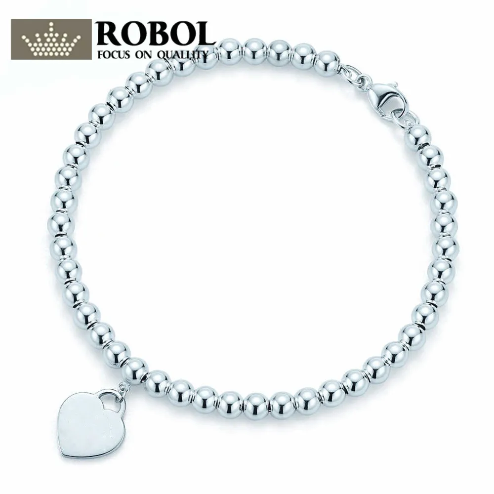 

ROBOLTIFFT 100% 925 Sterling Silver New Fashion Heart-Shaped Ladies Bracelet Suitable For DIY Holiday Woman jewelry Gifts