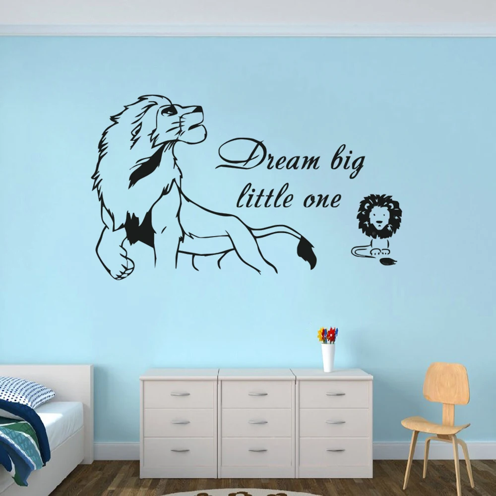 Us 9 62 Dream Big Design Quote Wall Sticker Lion King Wall Decal Lion Baby Wall Mural Vinyl Kids Room Nursery Wall Poster Ay1358 In Wall Stickers