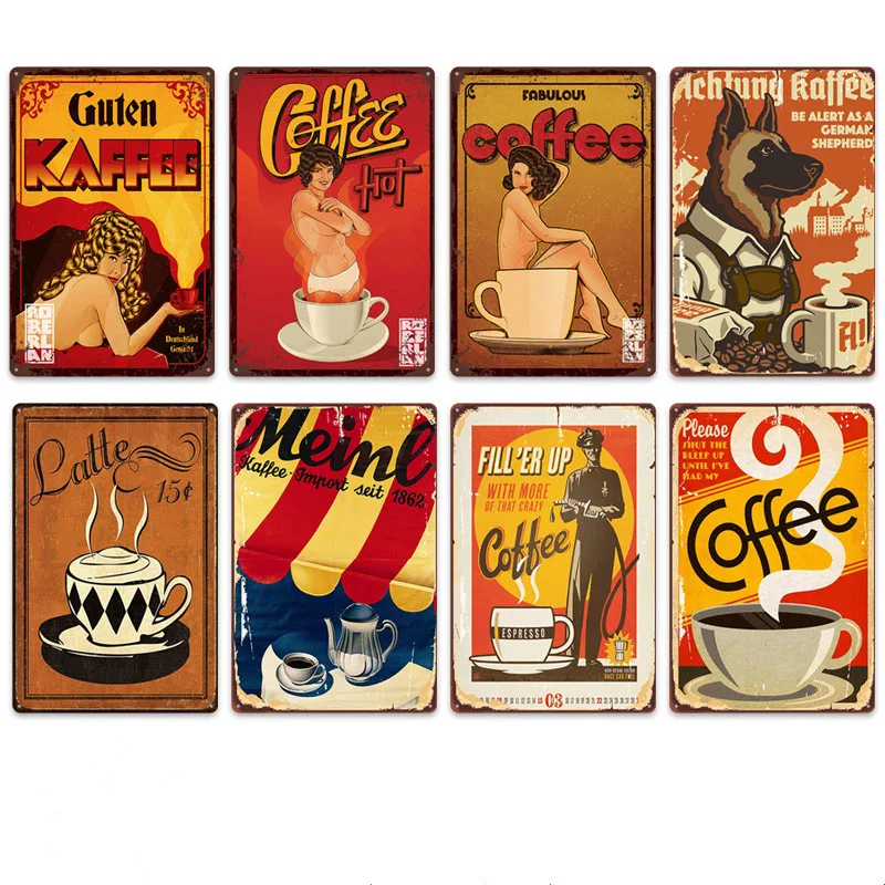 

Retro Coffee Kaffee Latte Tea Cafe Metal Tin Sign Plaque Art Wall Painting Decor Iron Poster for Home Bar Pub Shop Party Wedding