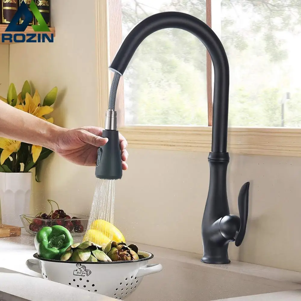 

Matte Black Bathroom Kitchen Sink Faucet Pull Out Mixer Crane Tap Kitchen Single Handle Rotate Spout Cold and Hot Kitchen Tap