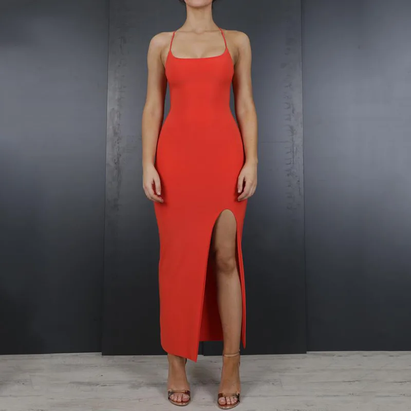 

Fashion Women Slash Neck High Split Dress Solid Backless Bodycon Dress Summer Sleeveless Spaghetti Strap Maxi Dress