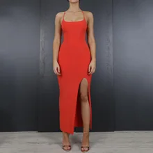 Fashion Women Slash Neck High Split Dress Solid Backless Bodycon Dress Summer Sleeveless Spaghetti Strap Maxi Dress chic spaghetti strap backless bodycon solid color dress for women