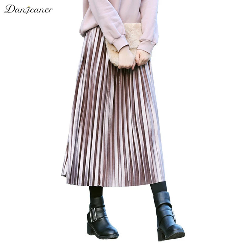 

Danjeaner 2017 Korean Fashion Casual Women Pleated Skirts Female Vintage Solid Elastic High Waist Autumn Winter Velvet Skirts