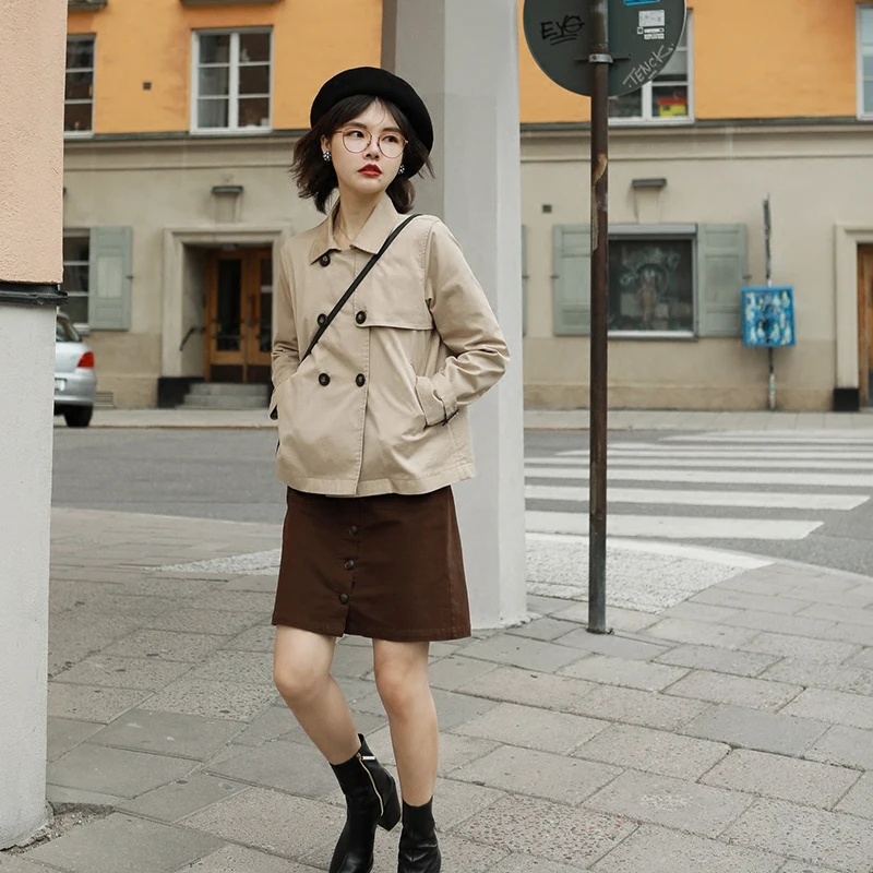 2019 Autumn New Women's Trench Korean Fashion Temperament Personality Solid Color Short Paragraph Female Trench Long Sleeve 90s