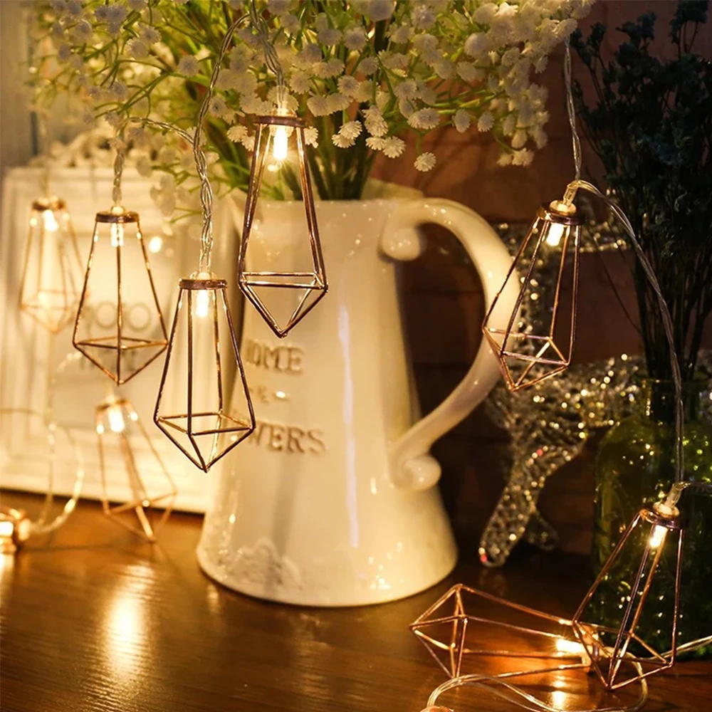

HUSUYUHU Rose Gold Copper Wire LED String Light Retro Iron Metal Geometric Hexagons Home Decor Fairy String Lights 3M 20 LED
