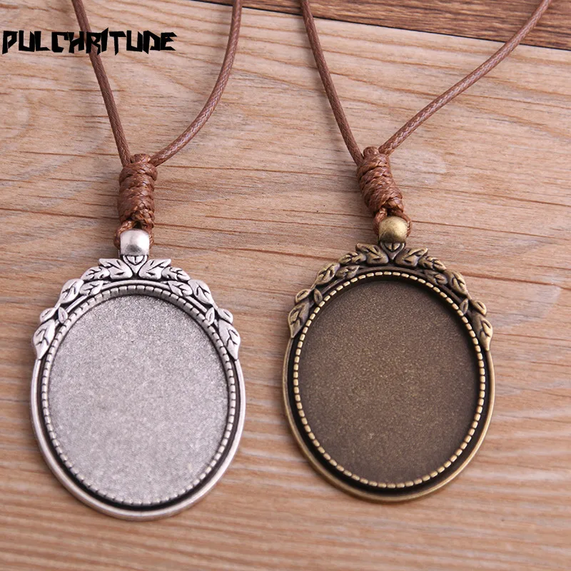 

2pcs Zinc Alloy Two Color 30*40mm Big Oval Cabochon Settings Blank Cameo Pendant Base Trays With Leather Cord For Jewelry Making