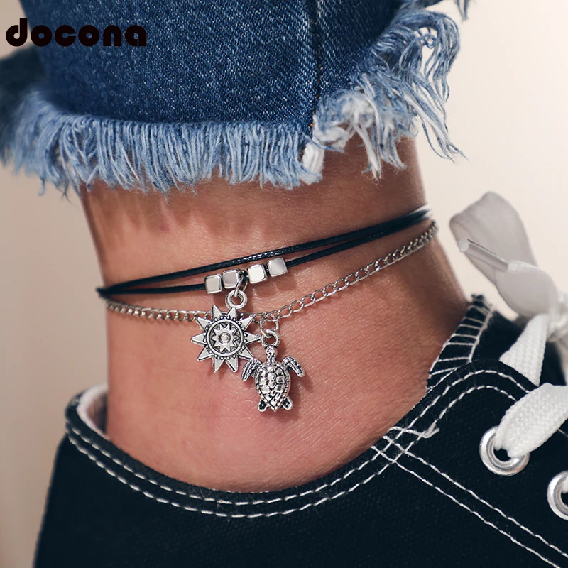 

Docona Bohemian Black Rope Silver Chain Bracelet Set for Women Turtle Sunflower Pendant Layered Adjustable Bracelet Jewelry 6895