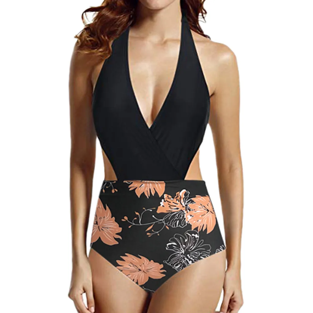 

Women Floral Black Deep V Print Bikini Set One Piece Swimming Two Piece Swimsuits Mid Waist Bandage Swimwear Beach Suit