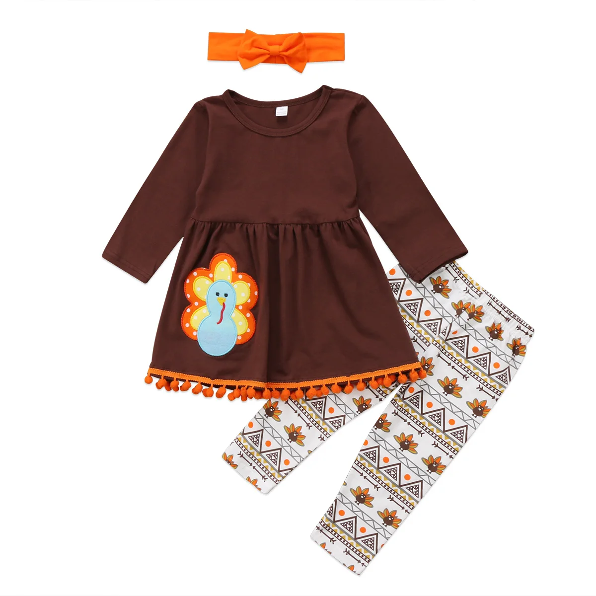 

Toddler Kids Baby Girls Clothes Set Autumn Brown Long Sleeve Thanksgiving T Shirt Tops Leggings Headband Turkey Girl Outfit 3PCs