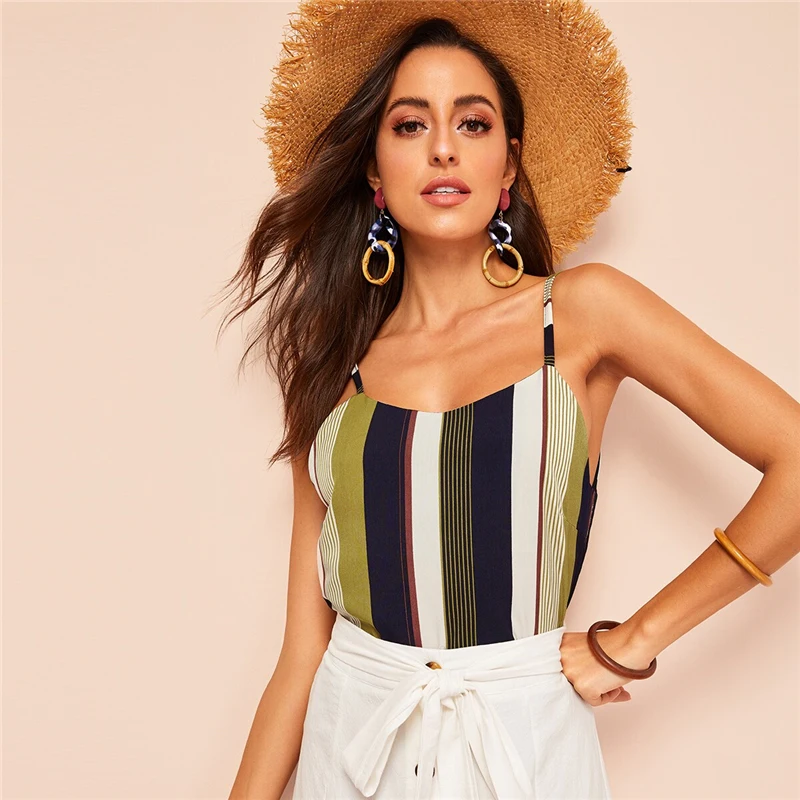 COLROVIE Multicolor Spaghetti Strap Striped Casual Cami Top Women Summer Streetwear Color Block Sexy Ladies Tee Shirts