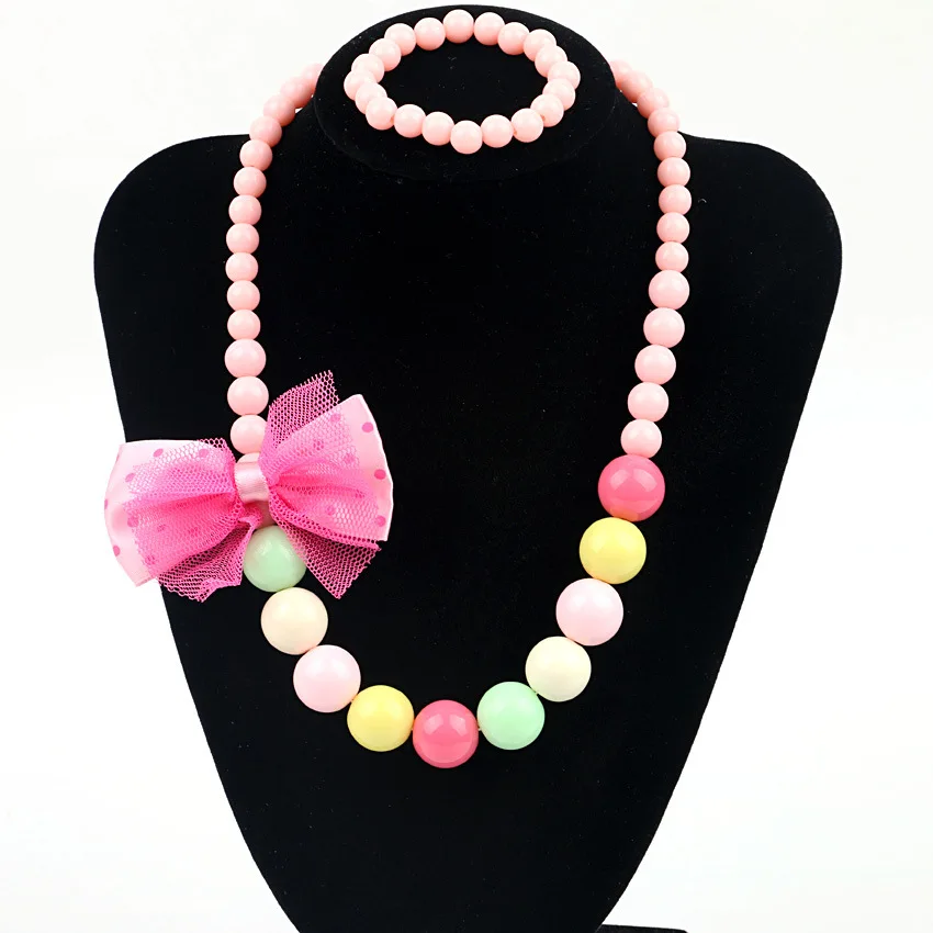 

5 Colors Creative Kids Jewelry Accessories Candy Color Necklace Baby Girl Kids Snow Princess Satin Ribbon Bow Necklace Set XL-21