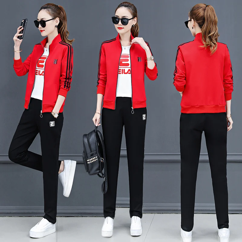 Спортивный костюм для женщин осенний и зимний женский плюс размерные куртки+ брюки костюмы женский модный большой размер комплекты из 3 предметов - Цвет: Red