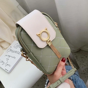 

Tassel Small messenger bag quilted chain women handbag Cat lock leather shoulder bags crossbody phone cute handbag designer lady