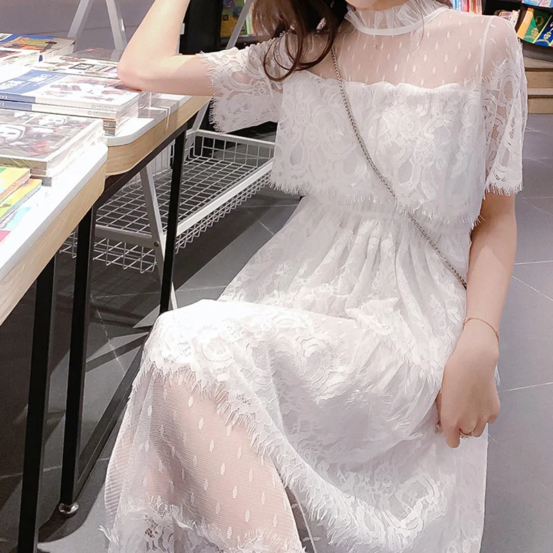 

women Female girls lady lace Summer New Stand collar Mesh Splicing Mid-length Short Sleeve Chic Fairy A-Line one piece dress
