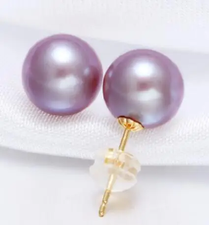Free shipping AAA roundPAIR OF 10-11MM south sea lavender pearl earring 18