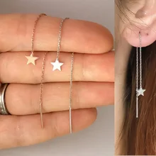 Ювелирные изделия из стерлингового серебра 925 пробы, Геометрическая Звезда, длинная Очаровательная цепочка с кисточкой, минималистичные розовые золотые для ушей, серьги с проволочной цепочкой