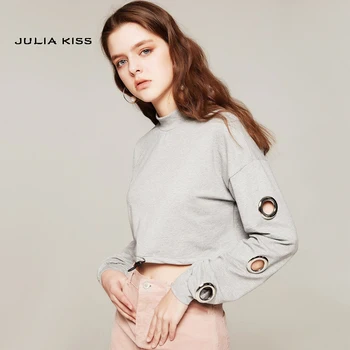 

Women Eyelet Sleeve Drawstring Hem Crop Sweatshirt
