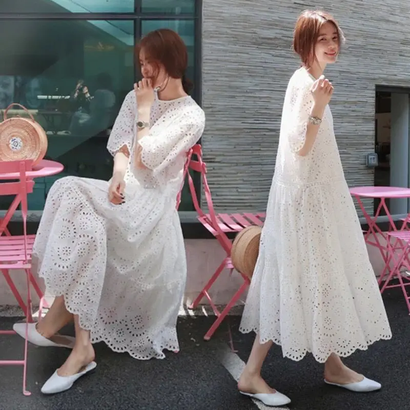 

Summer Pregnant Female Two-piece Dress Suits Plus Size Hollow Out Cotton Dress with Strap Lining Maternity Clothes Twinset White
