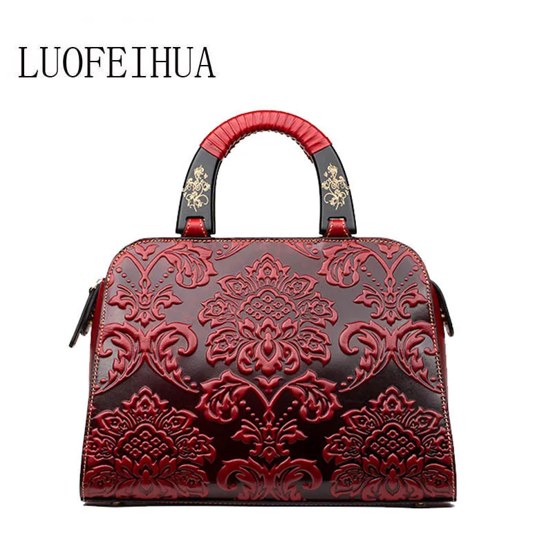 

LUOFEIHUA 2019 new leather handbag female Chinese style embossed hand bag Shoulder Messenger Bag