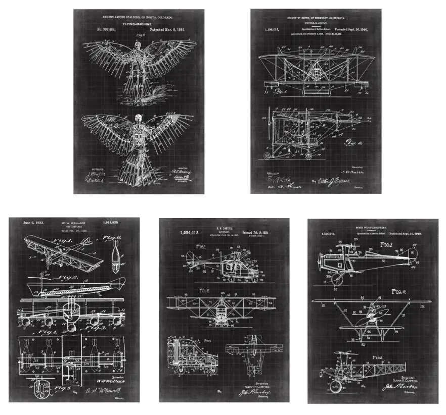 Винтажный ранний самолет Летающий аппарат наборы художественных печатных патентов 5 в 1 самолет детский самолет стены искусства классический самолет - Цвет: chalkboard art