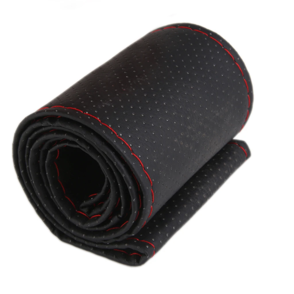 38cm DIY Car Steering Wheel Cover With Needles and Thread Soft PU Leather Braid On Steering Wheel BlackRed Interior accessories 