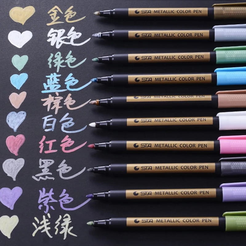 STA Water Based Ink Metallic Color Pen DIY Album Marker Pen Black Card