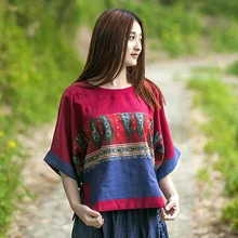 Women New cotton and linen Summer style national print T-shirt Plus size 2016 folk Loose Batwing Half Sleeve O-neck Chinese Tops