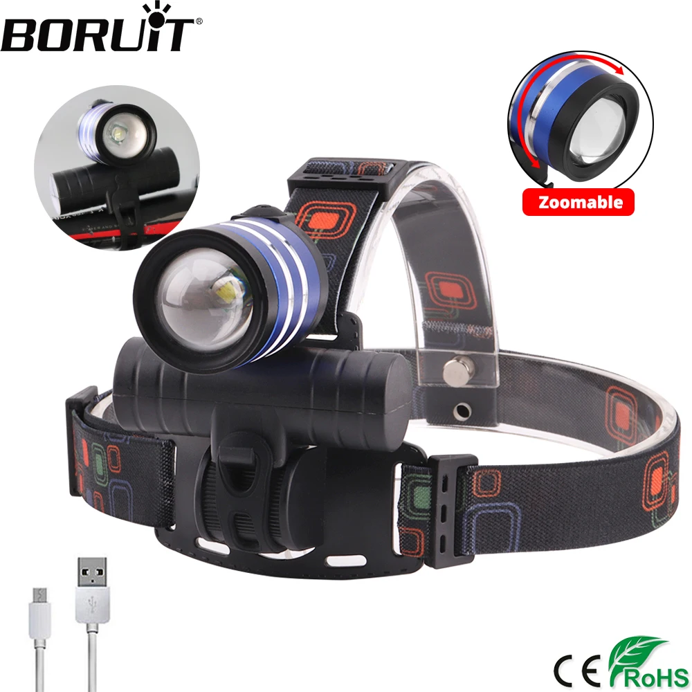 

BORUIT T6 LED Headlamp 3 Modes Zoomable Headlight USB Charger Built-in 18650 Battery Head Torch Cycling Bicycle Flashlight