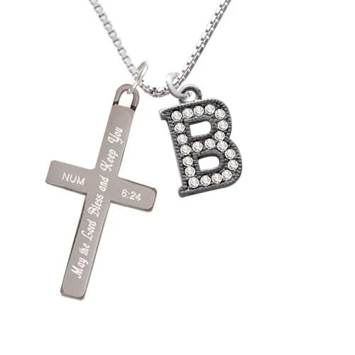 Crystal Black Initial - B - Beaded Border - - Bless and Keep You - Cross Necklace (1)