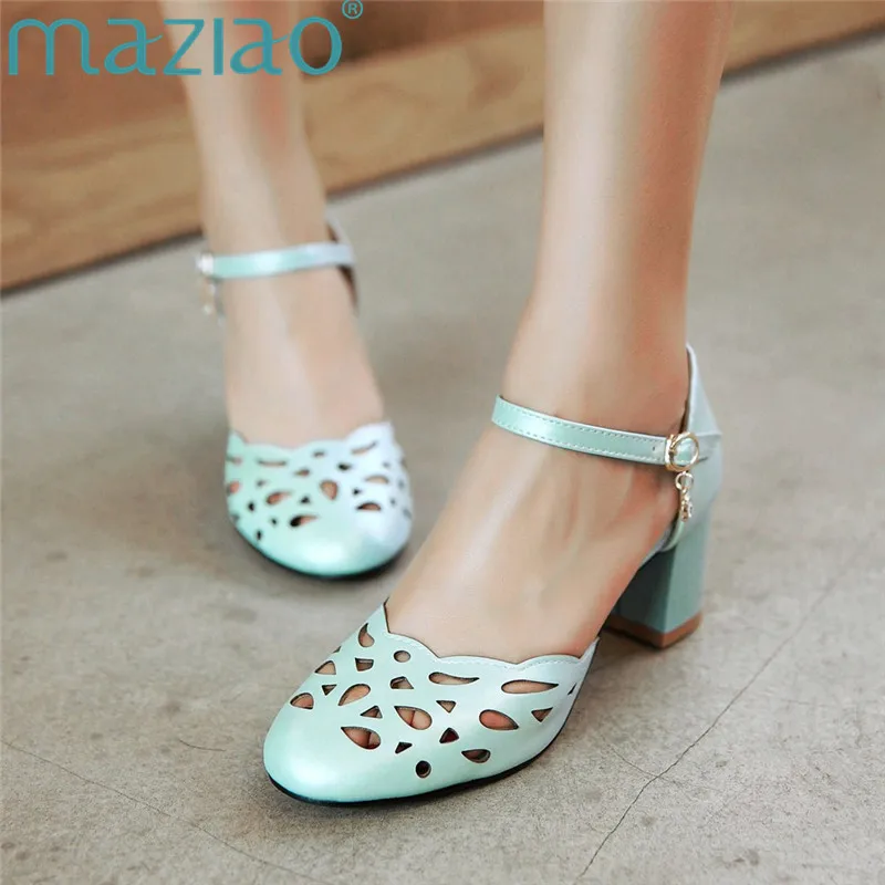 

MAZIAO 2018 High Heels Shoes 6.5cm Summer Party Shoes Woman PU Soft Leather Pumps Shoes Solid Buckle Solid Sweet Hollow Out