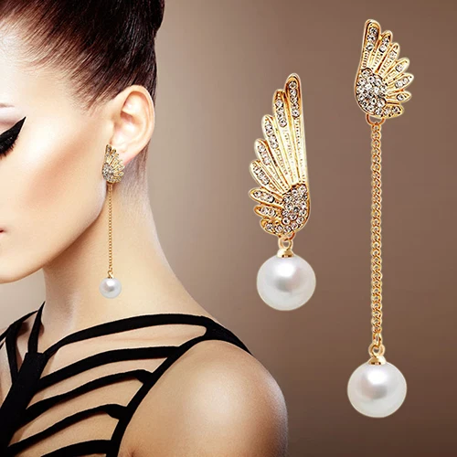 

2016 Hot Women's Angel Wings Rhinestones Faux Pearl Dangle Asymmetric Earrings Eardrops