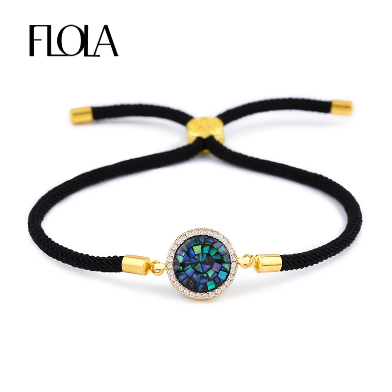 

FLOLA Abalone Shell Round Bracelet for woman man Adjustable Black & Gold String Bracelet CZ Zircon Slider Rope Bar Bangle brtb03