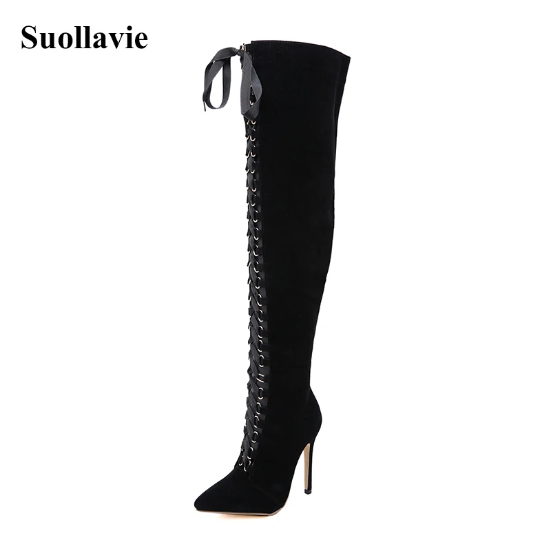 Suollavie/2019 г. новые женские сапоги выше колена на высоком каблуке пикантные зимние