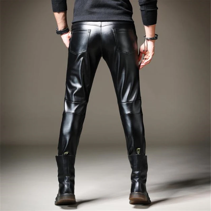 Брюки-карандаш из искусственной кожи размера плюс, мужские брюки из плотной кожи и бархата, весенние брюки-стрейч, теплые брюки из искусственной кожи