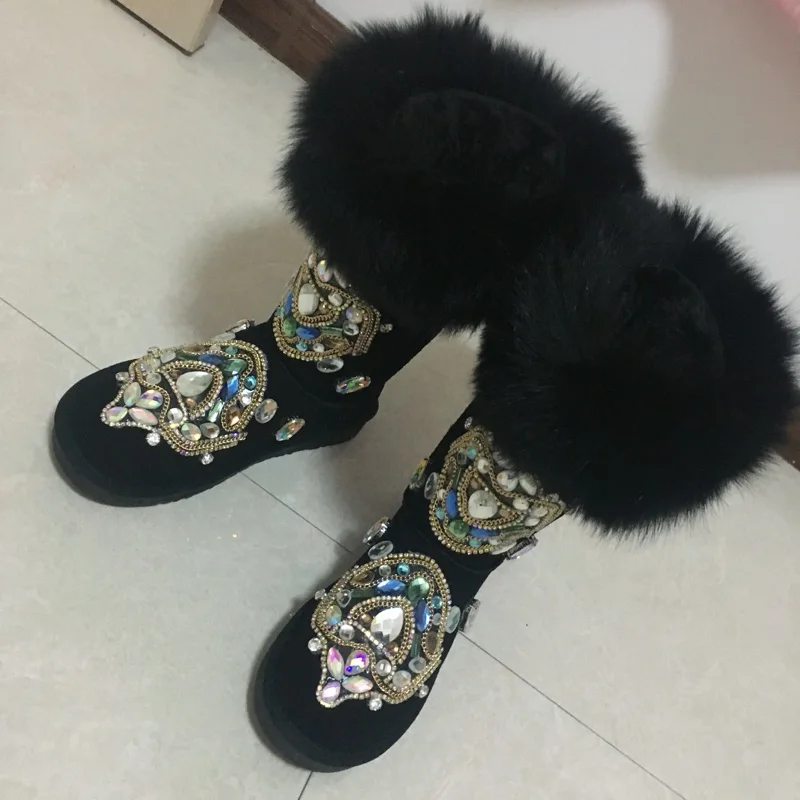 Зимние женские теплые ботинки; модная Роскошная обувь из натуральной кожи ручной работы со стразами; женские ботинки; женские плюшевые ботинки на меху; botas mujer - Цвет: Черный