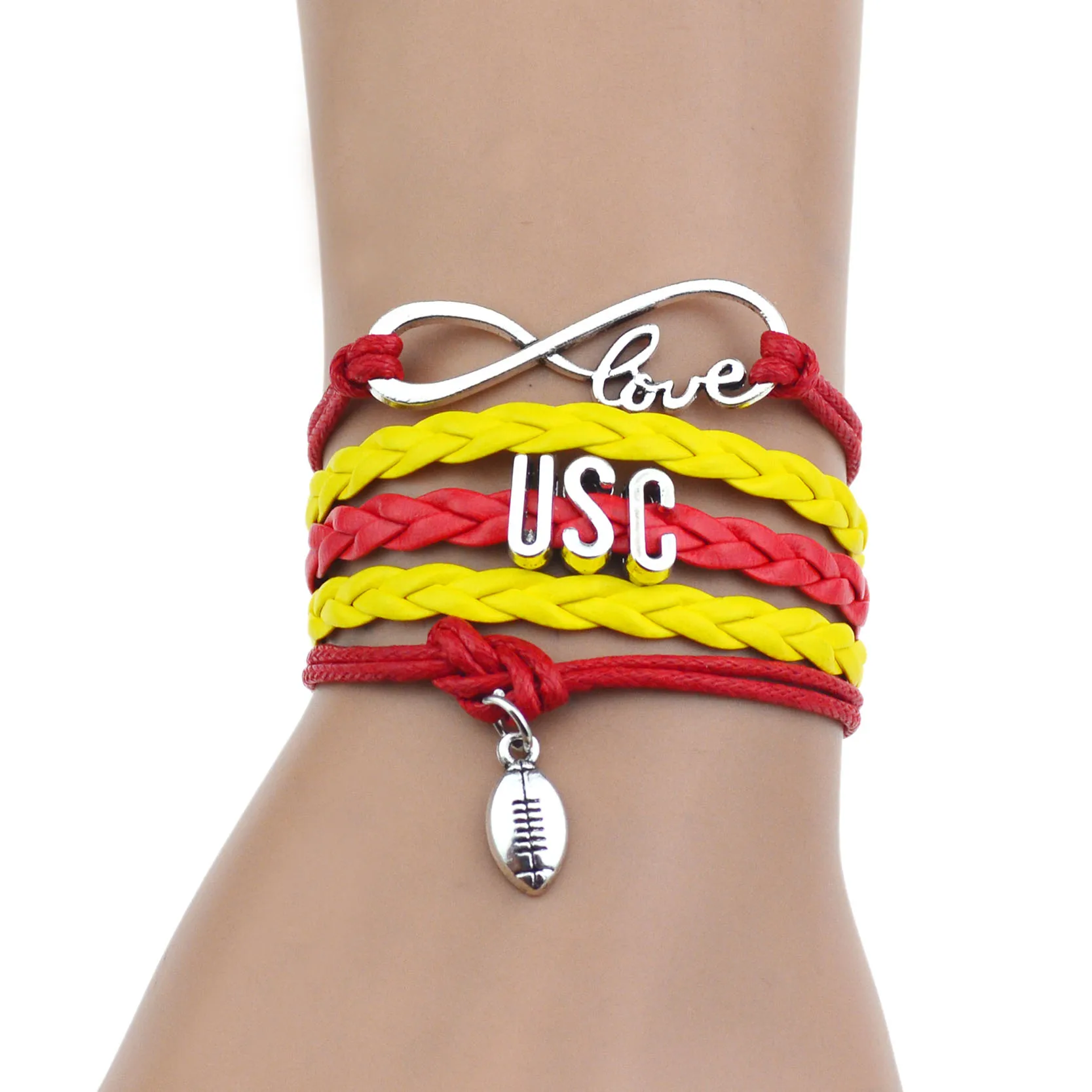 Buy "USC"Red+Yellow Multi Strands Infinity Silver Color Charm Leather Bracelet