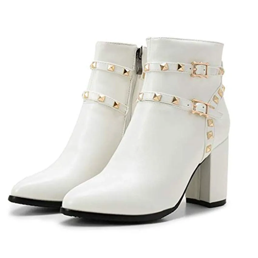 

Ladies Block Heels Boots PU Zipper Boots Double Buckle Platform Ankle Boots with Studs