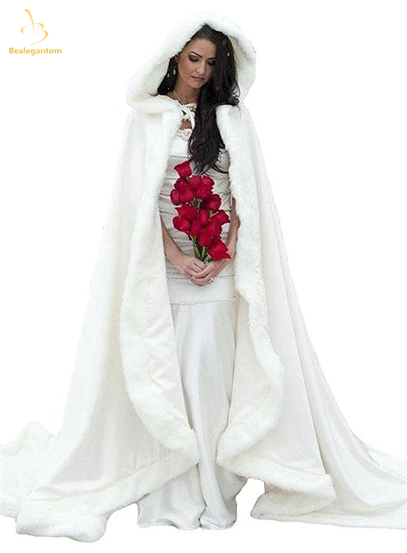 

2019 New Elegant White Ivory Faux Fur Winter Long Wedding Cloak Coat Jacket Bridal Wraps Cape Wedding Coat QA1276