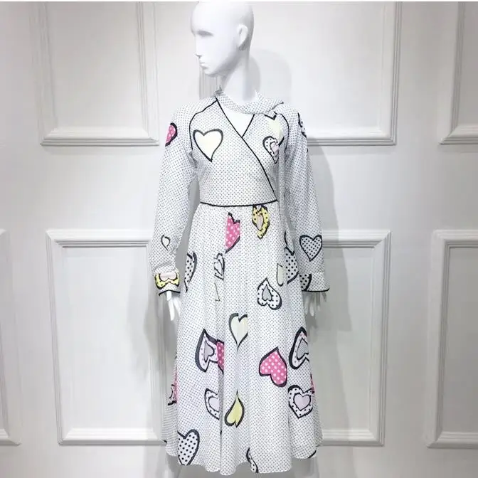 

2018 spring fashion polka Dot Love Printed dress vintage deep v-neck Long Sleeve elegant Dress a-line long dress