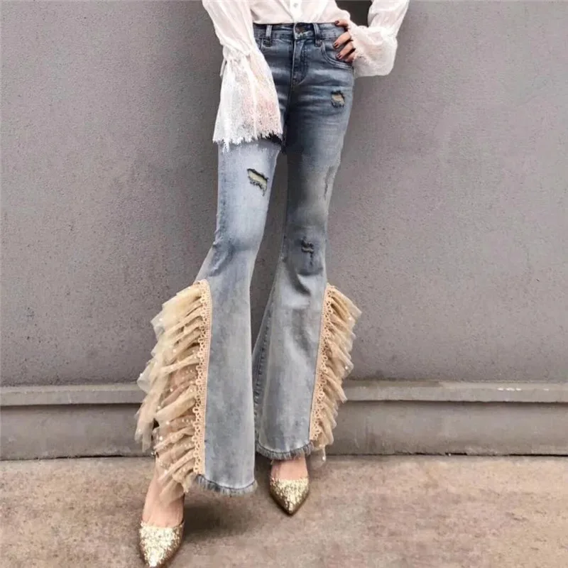 Весна-Осень, Модные расклешенные джинсы для женщин, с разрезом по бокам, для тяжелой работы, кружевные, с бисером, обтягивающие джинсы размера плюс