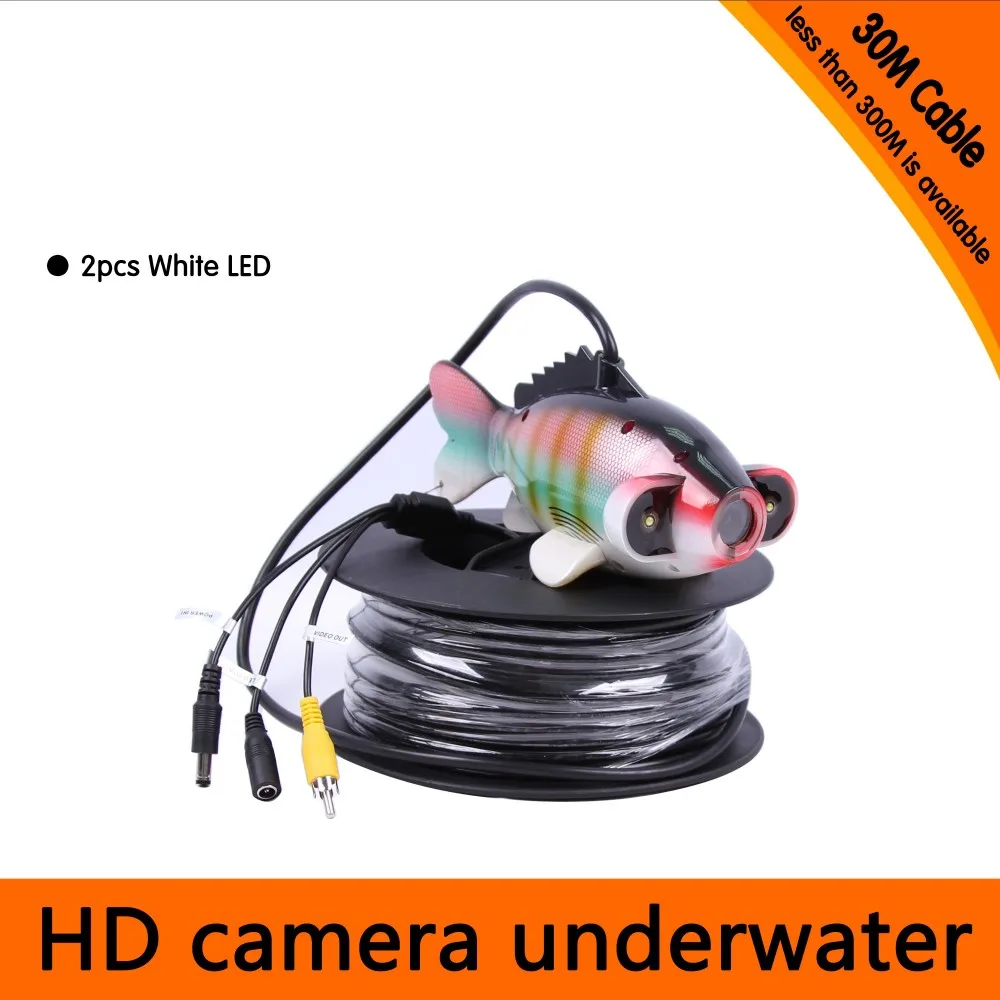 

30Meters Depth Fish Shape Underwater Camera with Cable Rolls 2PCS 2 Walt white LEDS for Fish Finder & Diving Camera