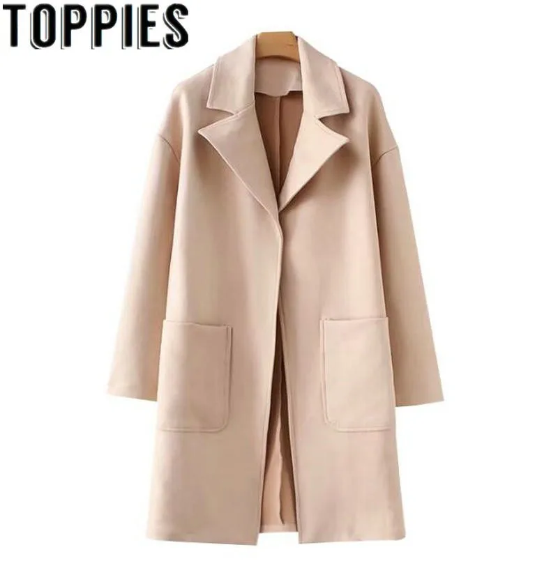 

2019 Winter Loose Causal Woolen Coat European Style Beige Color Pockets Tweed Long Coat