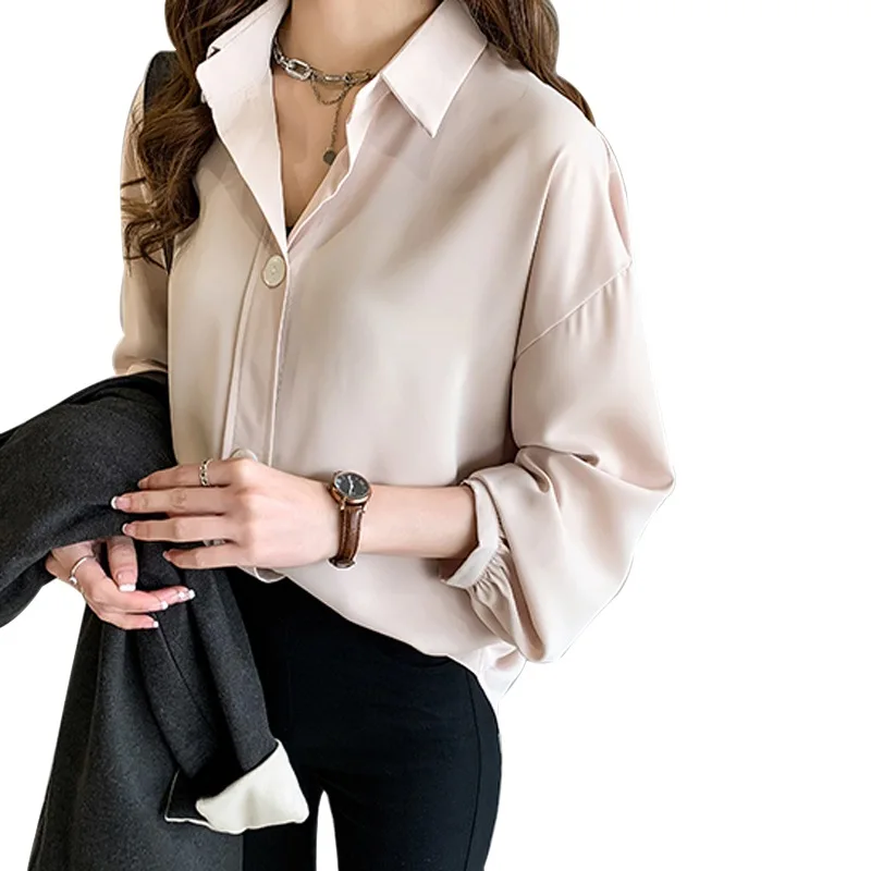 Шифоновая Блузка с отложным воротником Женская однотонная Свободная рубашка с длинным рукавом
