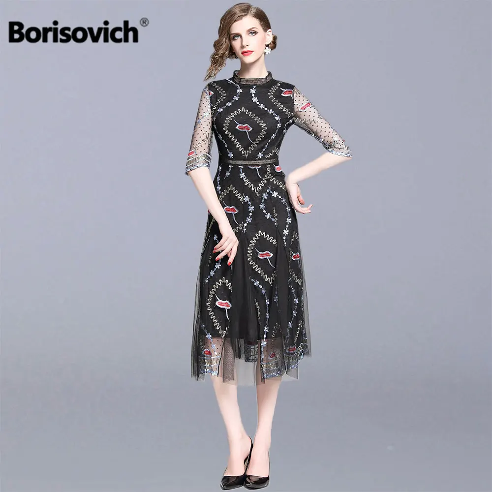 

Borisovich Ladies Elegant Party Dresses New 2019 Fashion England Style Luxury Embroidery Women Summer Causal Long Dress N1180
