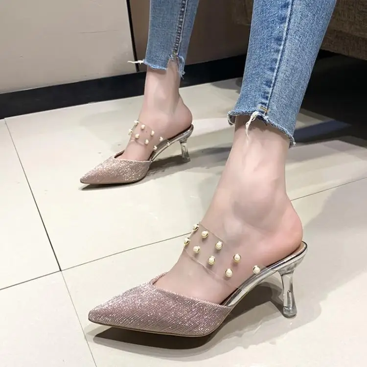 

Fashion Sequined Cloth Beading Pearl Upper Ladies Slingbacks Shoes Pointed Toe Slip On Mules PVC Buckle Clear High Heels Sandals